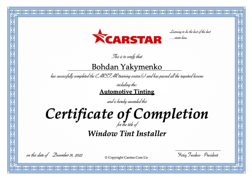Glass tinting training Certificate